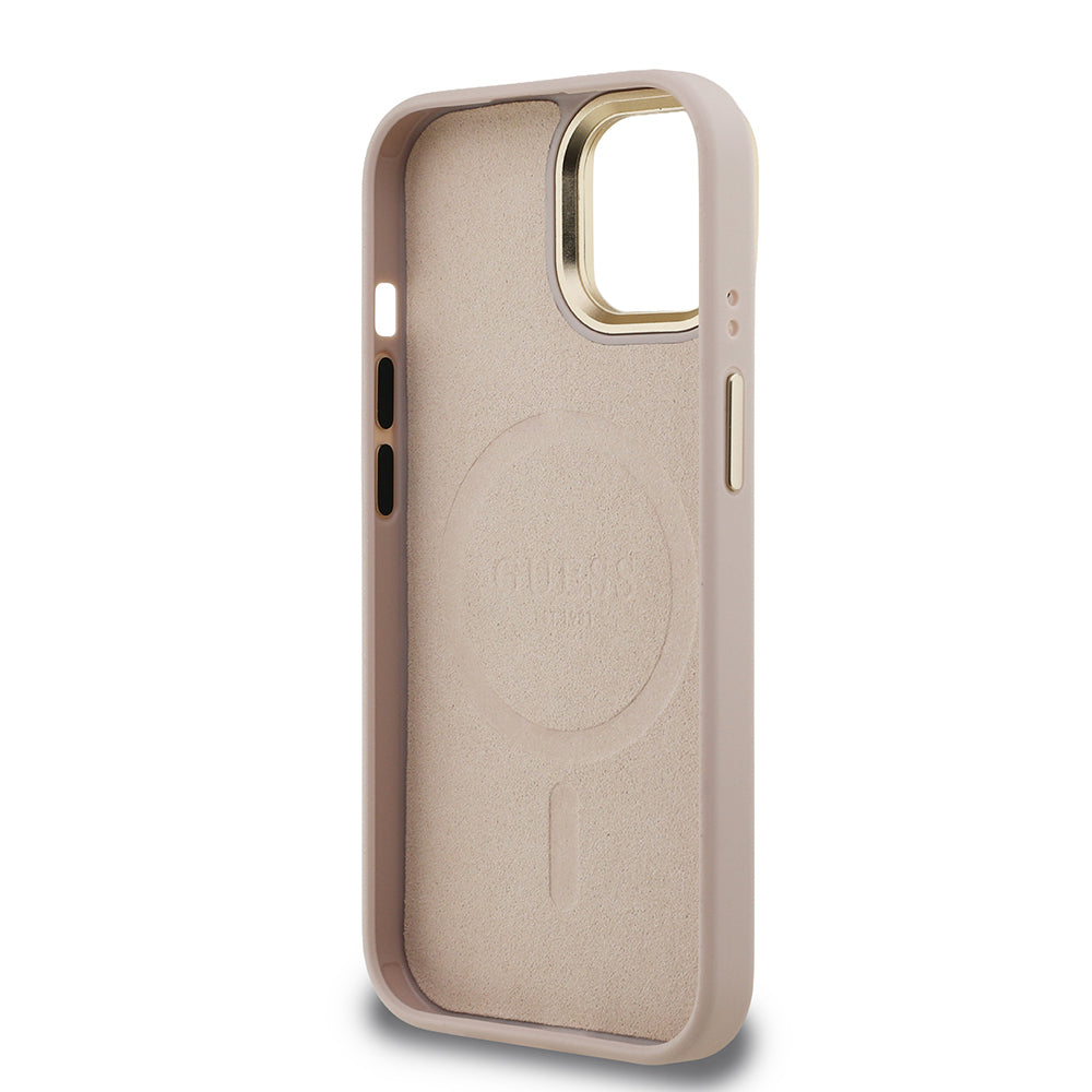 Apple iPhone 15 Kılıf Guess Orjinal Lisanslı PU Deri Taşlı Üçgen Logo 4G Desenli Kamera Standlı Kapak Pembe