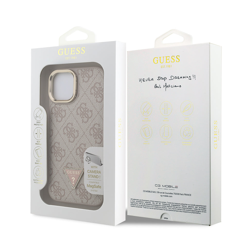 Apple iPhone 15 Kılıf Guess Orjinal Lisanslı PU Deri Taşlı Üçgen Logo 4G Desenli Kamera Standlı Kapak Pembe