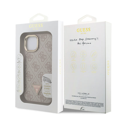 Apple iPhone 15 Kılıf Guess Orjinal Lisanslı PU Deri Taşlı Üçgen Logo 4G Desenli Kamera Standlı Kapak Pembe