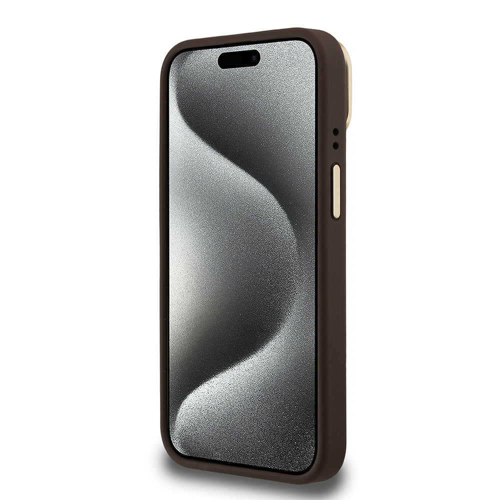 Apple iPhone 15 Kılıf Guess Orjinal Lisanslı PU Deri Taşlı Üçgen Logo 4G Desenli Kamera Standlı Kapak Pembe