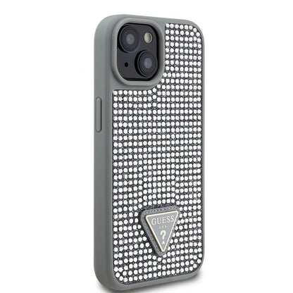 Apple iPhone 15 Kılıf Guess Orjinal Lisanslı Taşlı Arka Yüzey Üçgen Logolu Kapak Pembe