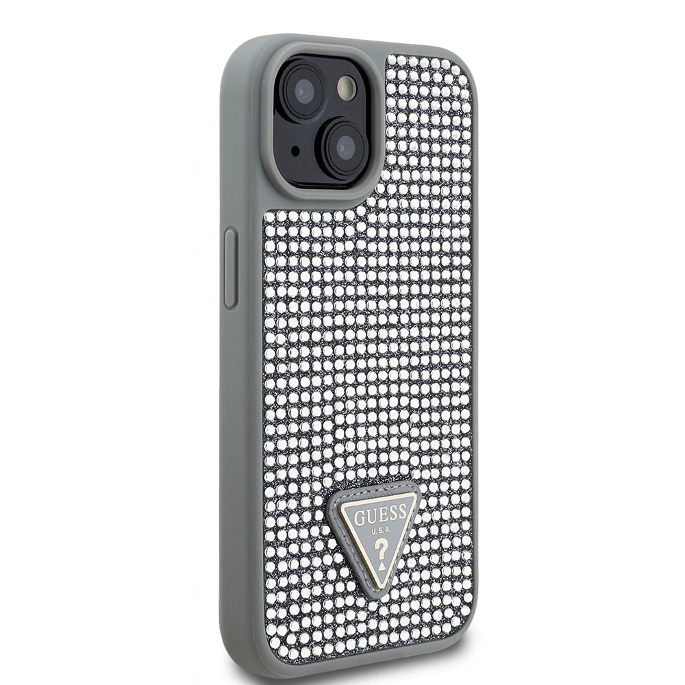 Apple iPhone 15 Kılıf Guess Orjinal Lisanslı Taşlı Arka Yüzey Üçgen Logolu Kapak Gold