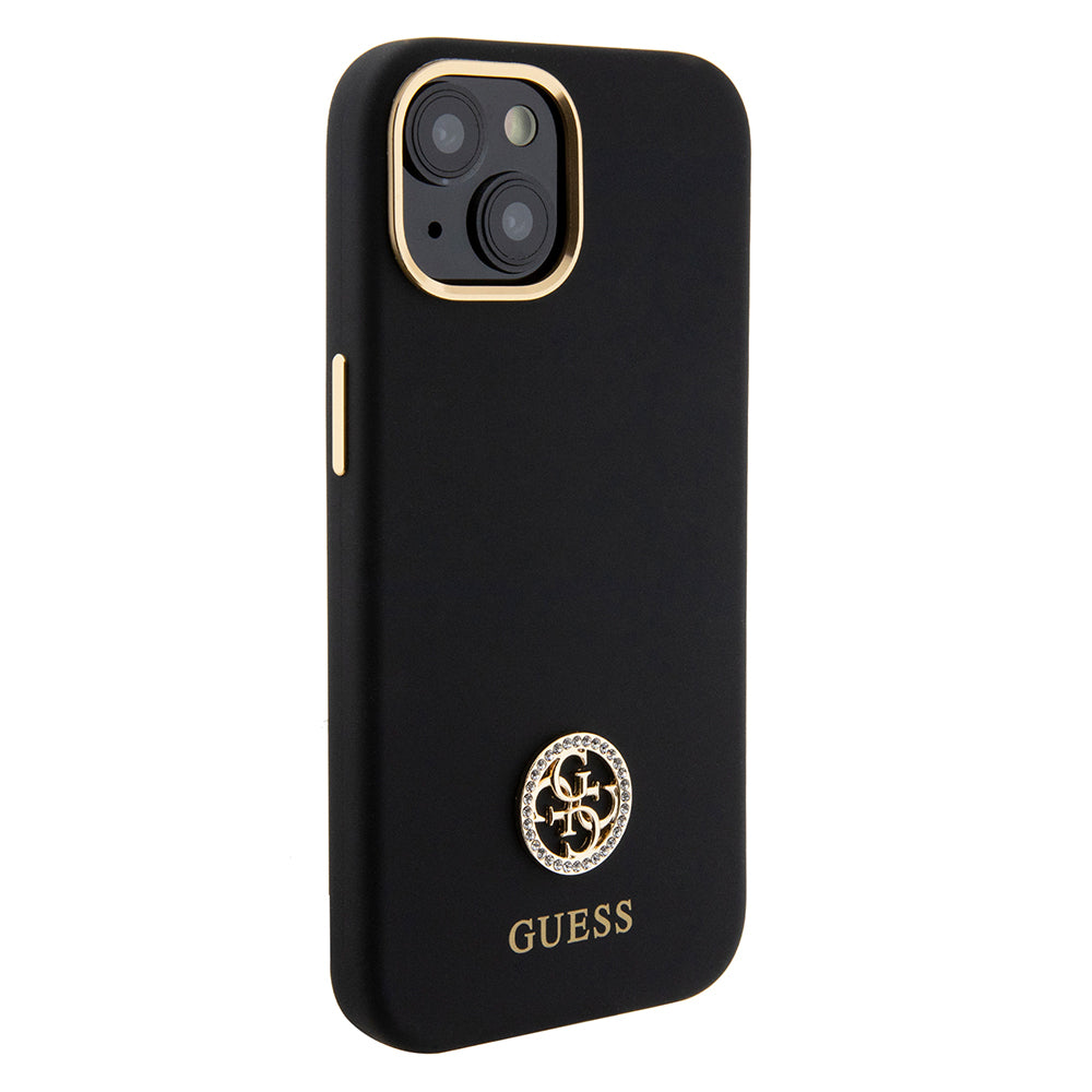 Apple iPhone 15 Kılıf Guess Orjinal Lisanslı Yazı ve Taşlı 4G Logolu Metal Kamera Çerçeveli Silikon Kapak Siyah