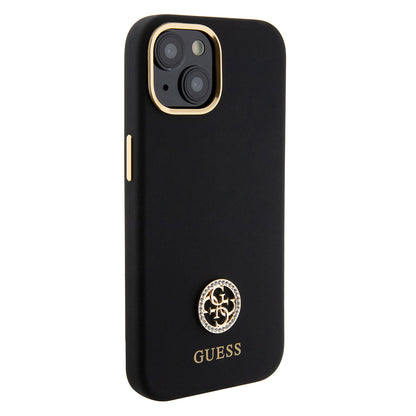 Apple iPhone 15 Kılıf Guess Orjinal Lisanslı Yazı ve Taşlı 4G Logolu Metal Kamera Çerçeveli Silikon Kapak Siyah