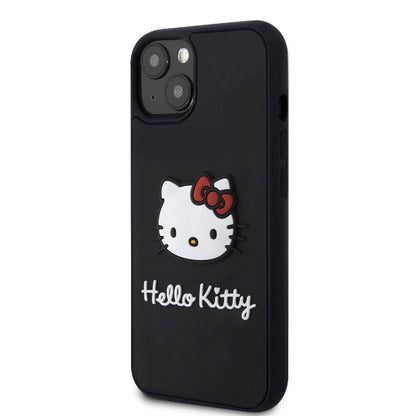 Apple iPhone 15 Kılıf Hello Kitty Orjinal Lisanslı Yazı ve İkonik Logolu 3D Rubber Kitty Head Kapak Siyah