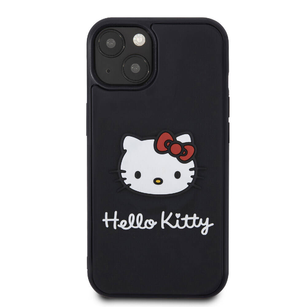 Apple iPhone 15 Kılıf Hello Kitty Orjinal Lisanslı Yazı ve İkonik Logolu 3D Rubber Kitty Head Kapak Siyah
