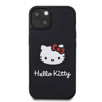Apple iPhone 15 Kılıf Hello Kitty Orjinal Lisanslı Yazı ve İkonik Logolu 3D Rubber Kitty Head Kapak Siyah