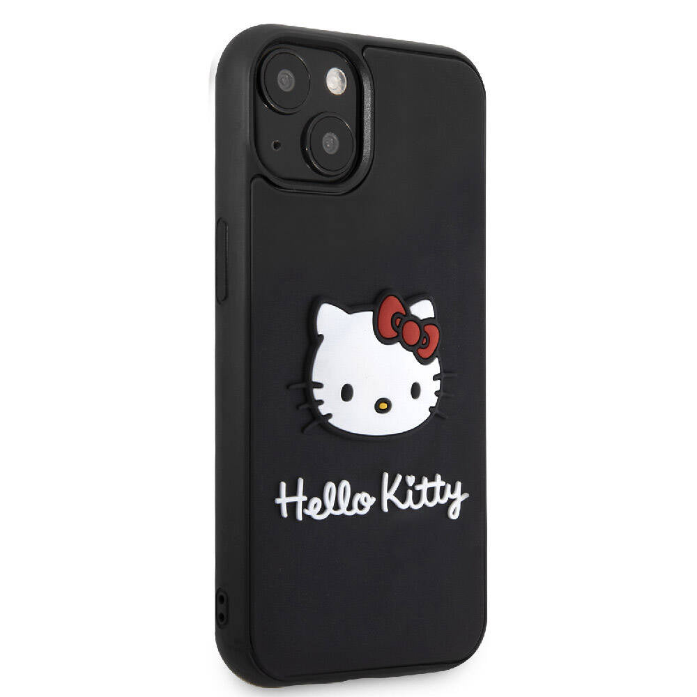 Apple iPhone 15 Kılıf Hello Kitty Orjinal Lisanslı Yazı ve İkonik Logolu 3D Rubber Kitty Head Kapak Siyah