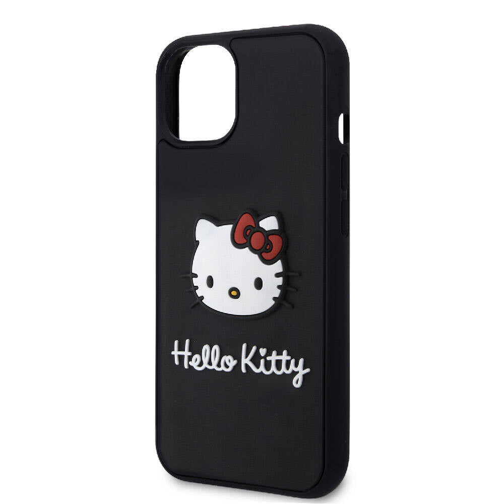 Apple iPhone 15 Kılıf Hello Kitty Orjinal Lisanslı Yazı ve İkonik Logolu 3D Rubber Kitty Head Kapak Siyah