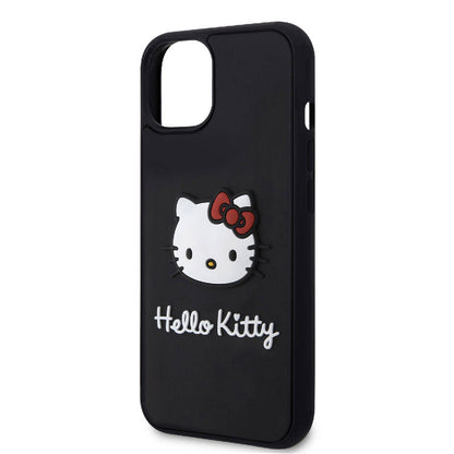 Apple iPhone 15 Kılıf Hello Kitty Orjinal Lisanslı Yazı ve İkonik Logolu 3D Rubber Kitty Head Kapak Siyah
