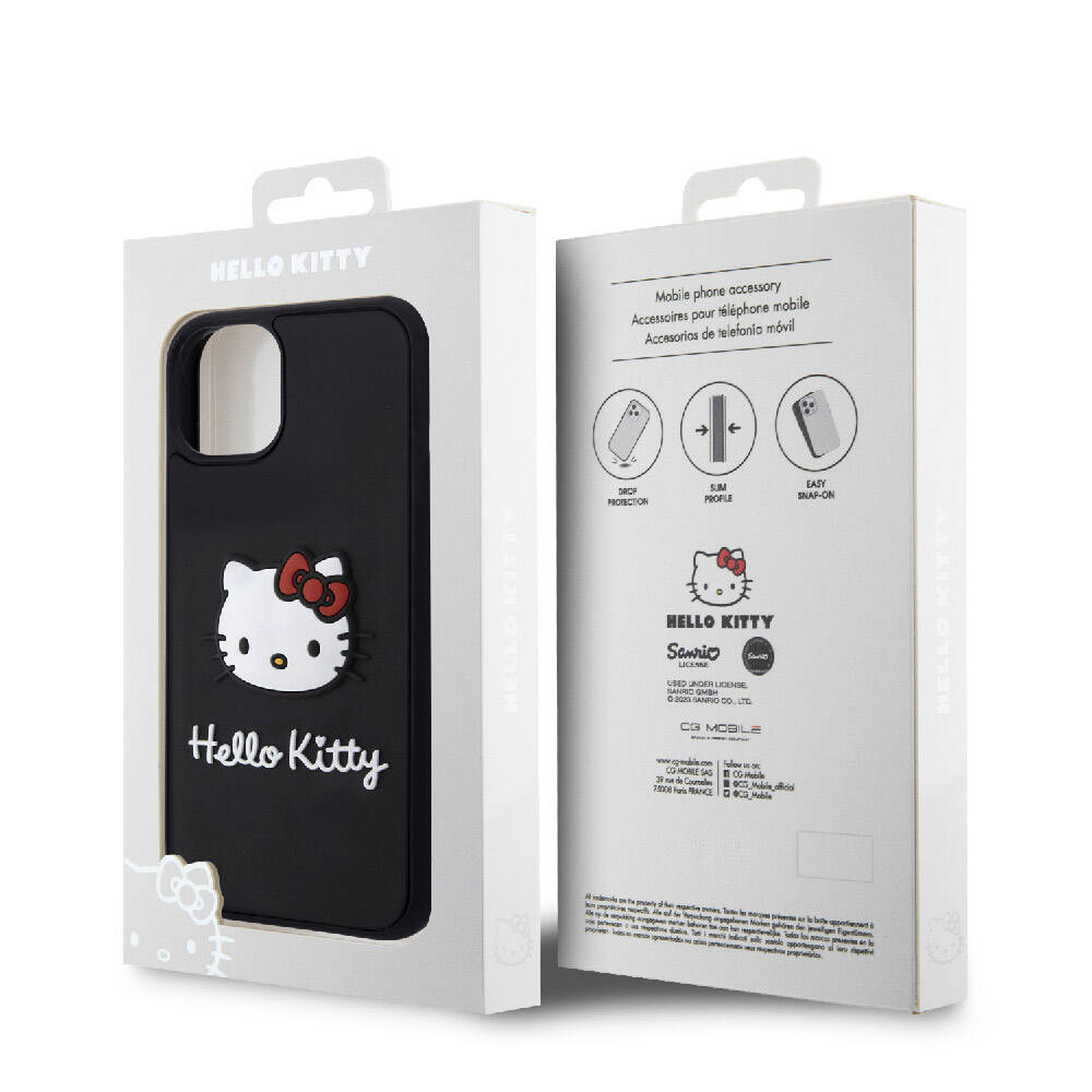 Apple iPhone 15 Kılıf Hello Kitty Orjinal Lisanslı Yazı ve İkonik Logolu 3D Rubber Kitty Head Kapak Siyah