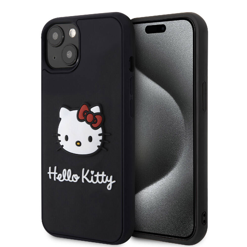 Apple iPhone 15 Kılıf Hello Kitty Orjinal Lisanslı Yazı ve İkonik Logolu 3D Rubber Kitty Head Kapak Siyah