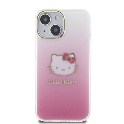 Apple iPhone 15 Kılıf Hello Kitty Orjinal Lisanslı Yazı ve İkonik Logolu Elektroplating Kaplama Gradyan Kapak Pembe