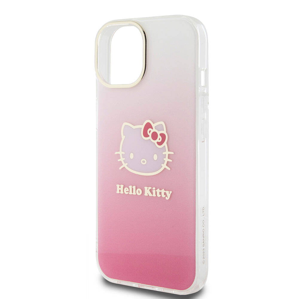 Apple iPhone 15 Kılıf Hello Kitty Orjinal Lisanslı Yazı ve İkonik Logolu Elektroplating Kaplama Gradyan Kapak Pembe