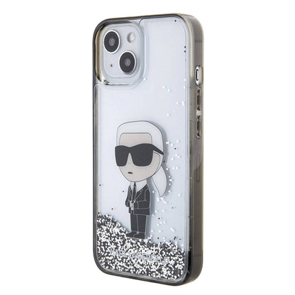 Apple iPhone 15 Kılıf Karl Lagerfeld İkonik Sıvılı Glitter Orjinal Lisanslı Kapak Renksiz