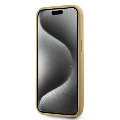 Apple iPhone 15 Kılıf Karl Lagerfeld Orjinal Lisanslı 3D KL Yazılı Tüylü Arka Yüzey Saffiano Rhinestones Kapak Gold