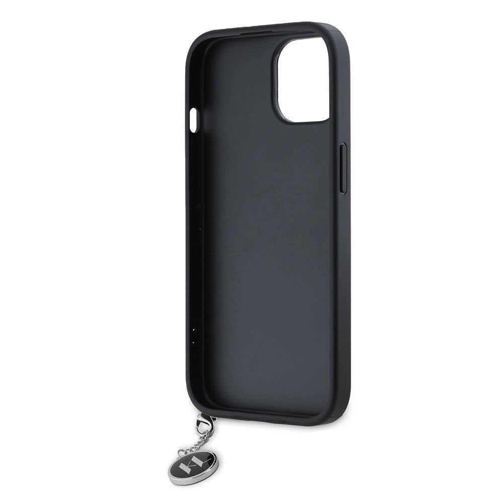 Apple iPhone 15 Kılıf Karl Lagerfeld Orjinal Lisanslı Anahtarlıklı Taşlı KL Yazılı Saffiano Rhinestones Kapak Siyah