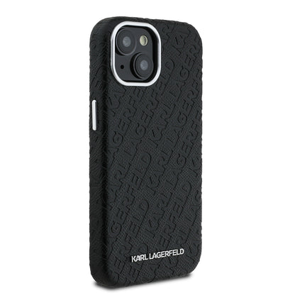 Apple iPhone 15 Kılıf Karl Lagerfeld Orjinal Lisanslı PU Deri Damgalı Metal Yazı Logolu Kapak Siyah