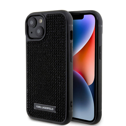 Apple iPhone 15 Kılıf Karl Lagerfeld Taşlı Metal Logo Orjinal Lisanslı Kapak Gümüş