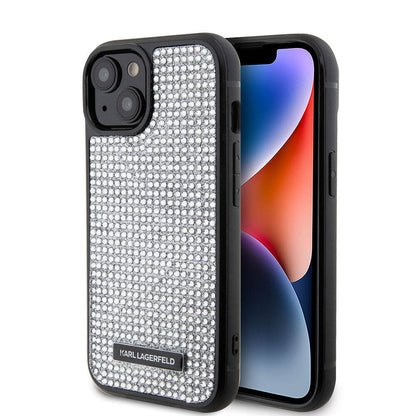 Apple iPhone 15 Kılıf Karl Lagerfeld Taşlı Metal Logo Orjinal Lisanslı Kapak Siyah