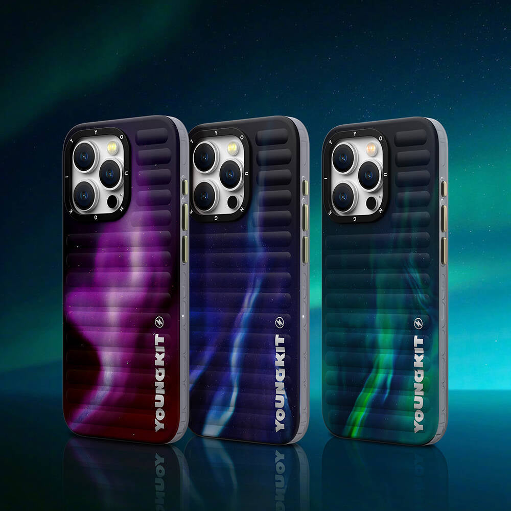 Apple iPhone 15 Kılıf Kuzey Işıkları Desenli Youngkit Aurora Serisi Kapak Mor