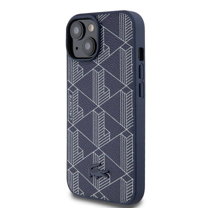 Apple iPhone 15 Kılıf Lacoste Orjinal Lisanslı M-safe Şarj Özellikli PU Deri Görünümlü Karışık Monogram Desenli Kapak Lacivert