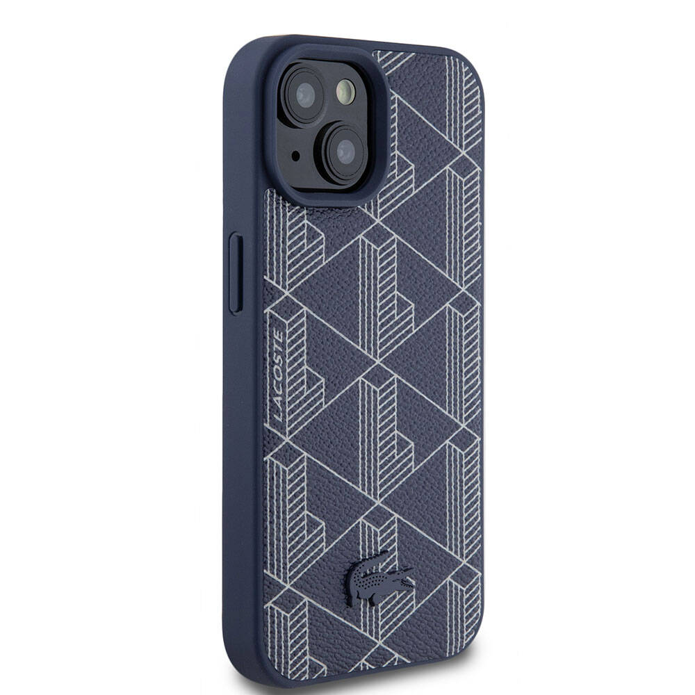 Apple iPhone 15 Kılıf Lacoste Orjinal Lisanslı M-safe Şarj Özellikli PU Deri Görünümlü Karışık Monogram Desenli Kapak Lacivert