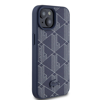 Apple iPhone 15 Kılıf Lacoste Orjinal Lisanslı M-safe Şarj Özellikli PU Deri Görünümlü Karışık Monogram Desenli Kapak Lacivert