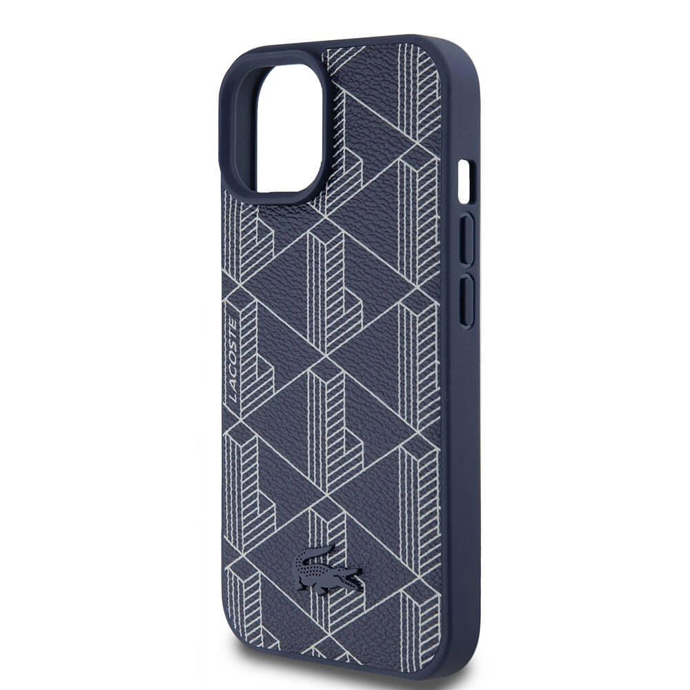 Apple iPhone 15 Kılıf Lacoste Orjinal Lisanslı M-safe Şarj Özellikli PU Deri Görünümlü Karışık Monogram Desenli Kapak Lacivert