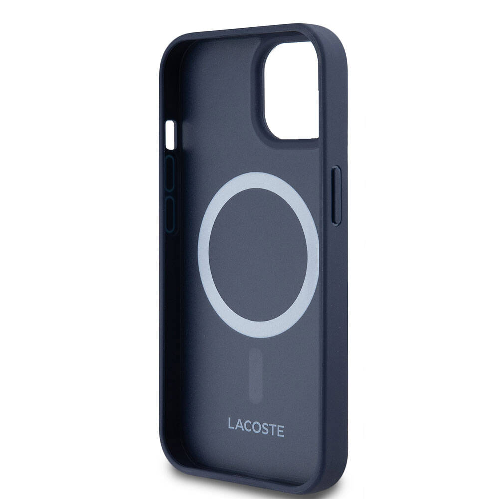 Apple iPhone 15 Kılıf Lacoste Orjinal Lisanslı M-safe Şarj Özellikli PU Deri Görünümlü Karışık Monogram Desenli Kapak Lacivert