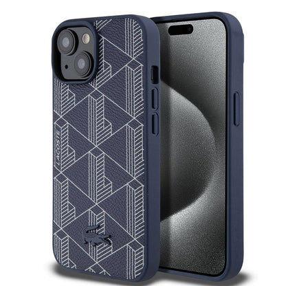 Apple iPhone 15 Kılıf Lacoste Orjinal Lisanslı M-safe Şarj Özellikli PU Deri Görünümlü Karışık Monogram Desenli Kapak Lacivert