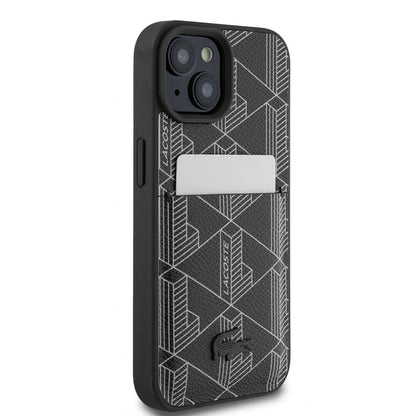 Apple iPhone 15 Kılıf Lacoste Orjinal Lisanslı M-safe Şarj Özellikli PU Deri Görünümlü Kartlıklı Karışık Monogram Desenli Kapak Lacivert