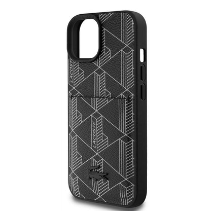 Apple iPhone 15 Kılıf Lacoste Orjinal Lisanslı M-safe Şarj Özellikli PU Deri Görünümlü Kartlıklı Karışık Monogram Desenli Kapak Siyah
