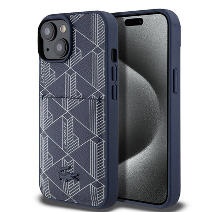 Apple iPhone 15 Kılıf Lacoste Orjinal Lisanslı M-safe Şarj Özellikli PU Deri Görünümlü Kartlıklı Karışık Monogram Desenli Kapak Siyah