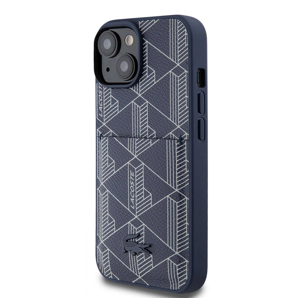 Apple iPhone 15 Kılıf Lacoste Orjinal Lisanslı M-safe Şarj Özellikli PU Deri Görünümlü Kartlıklı Karışık Monogram Desenli Kapak Siyah