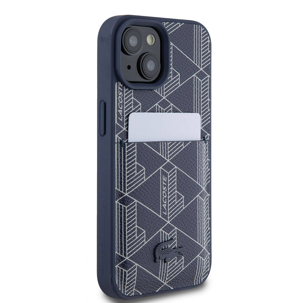 Apple iPhone 15 Kılıf Lacoste Orjinal Lisanslı M-safe Şarj Özellikli PU Deri Görünümlü Kartlıklı Karışık Monogram Desenli Kapak Siyah
