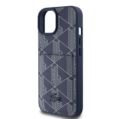 Apple iPhone 15 Kılıf Lacoste Orjinal Lisanslı M-safe Şarj Özellikli PU Deri Görünümlü Kartlıklı Karışık Monogram Desenli Kapak Siyah