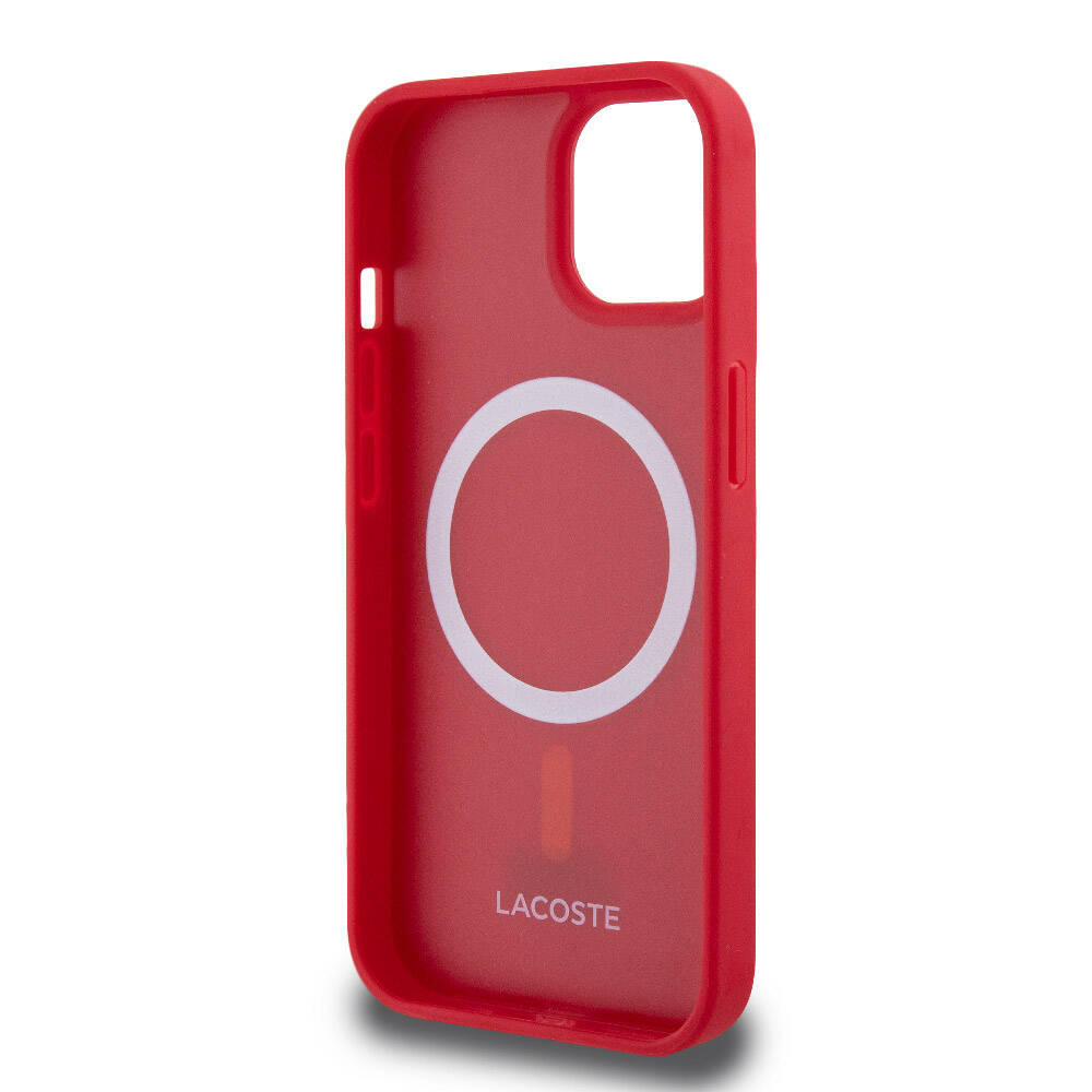 Apple iPhone 15 Kılıf Lacoste Orjinal Lisanslı PU Pike Desenli Arka Yüzey İkonik Timsah Dokuma Logolu Kapak Kırmızı