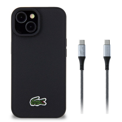 Apple iPhone 15 Kılıf Lacoste Orjinal Lisanslı PU Pike Desenli Arka Yüzey İkonik Timsah Dokuma Logolu Kapak + Type-C Kablo 1.5m Siyah