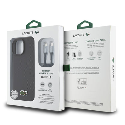 Apple iPhone 15 Kılıf Lacoste Orjinal Lisanslı PU Pike Desenli Arka Yüzey İkonik Timsah Dokuma Logolu Kapak + Type-C Kablo 1.5m Siyah