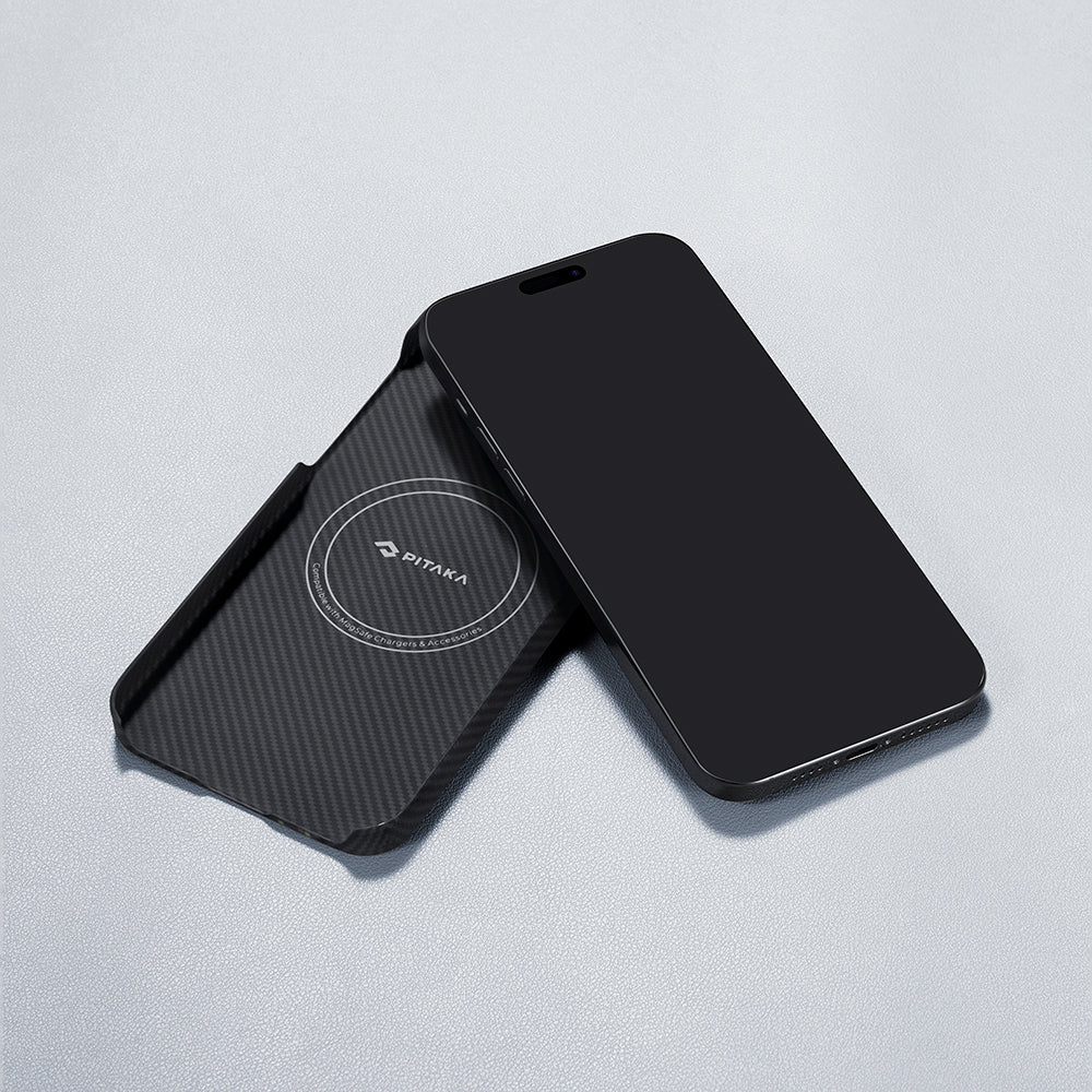 Apple iPhone 15 Kılıf M-safe Şarj Özellikli 600D Aramid Fiber Pitaka Tactile Woven Orchestra Serisi Rhapsody Kapak Siyah