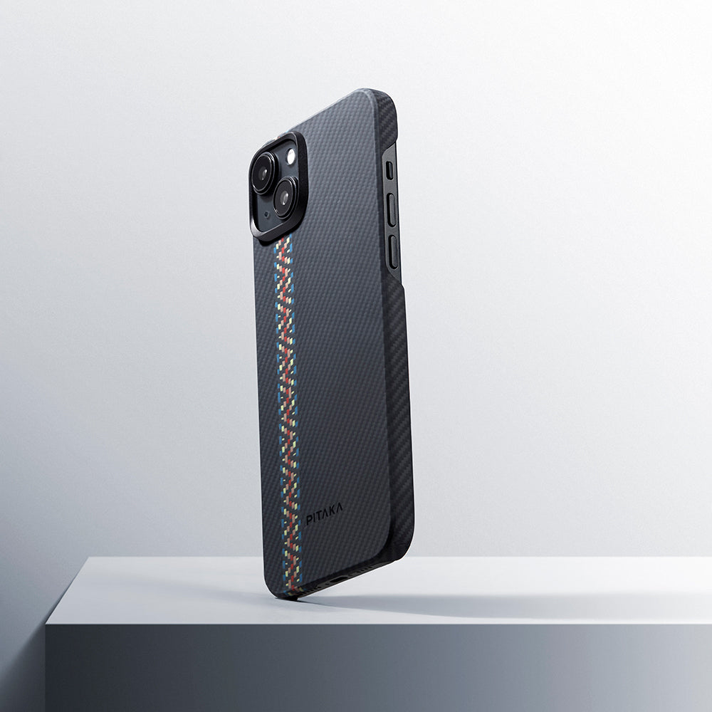 Apple iPhone 15 Kılıf M-safe Şarj Özellikli 600D Aramid Fiber Pitaka Tactile Woven Orchestra Serisi Rhapsody Kapak Siyah