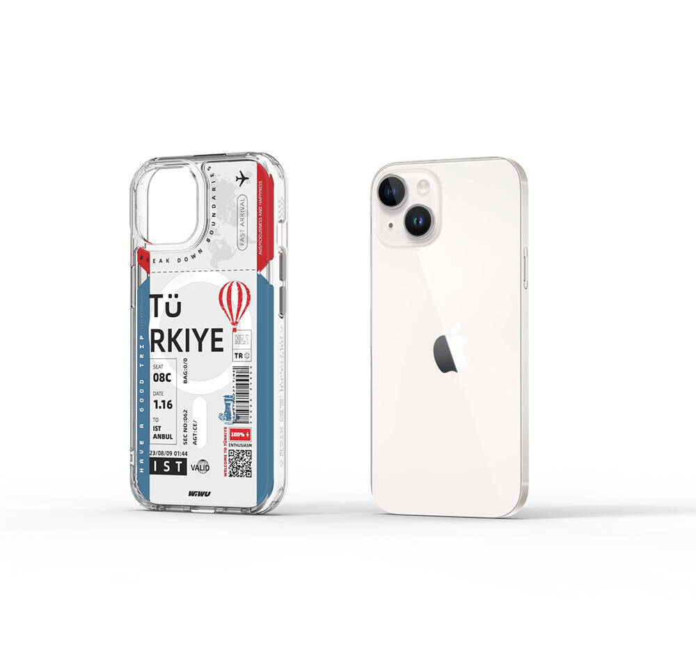 Apple iPhone 15 Kılıf M-safe Şarj Özellikli Bilet Desenli Wiwu Turkey B Serisi Kapak Pembe