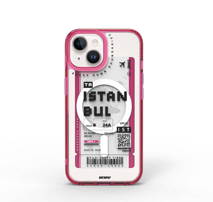 Apple iPhone 15 Kılıf M-safe Şarj Özellikli Bilet Desenli Wiwu Turkey B Serisi Kapak Pembe