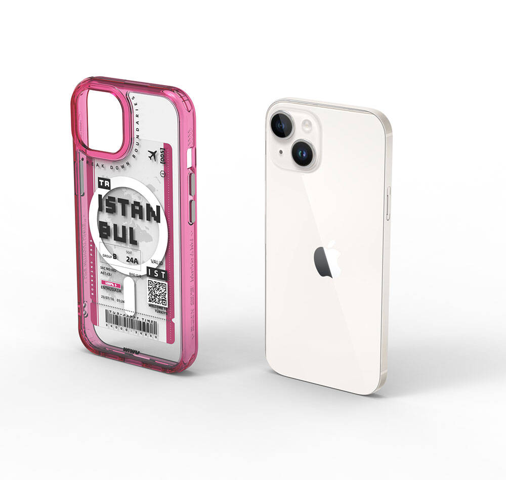 Apple iPhone 15 Kılıf M-safe Şarj Özellikli Bilet Desenli Wiwu Turkey B Serisi Kapak Mavi