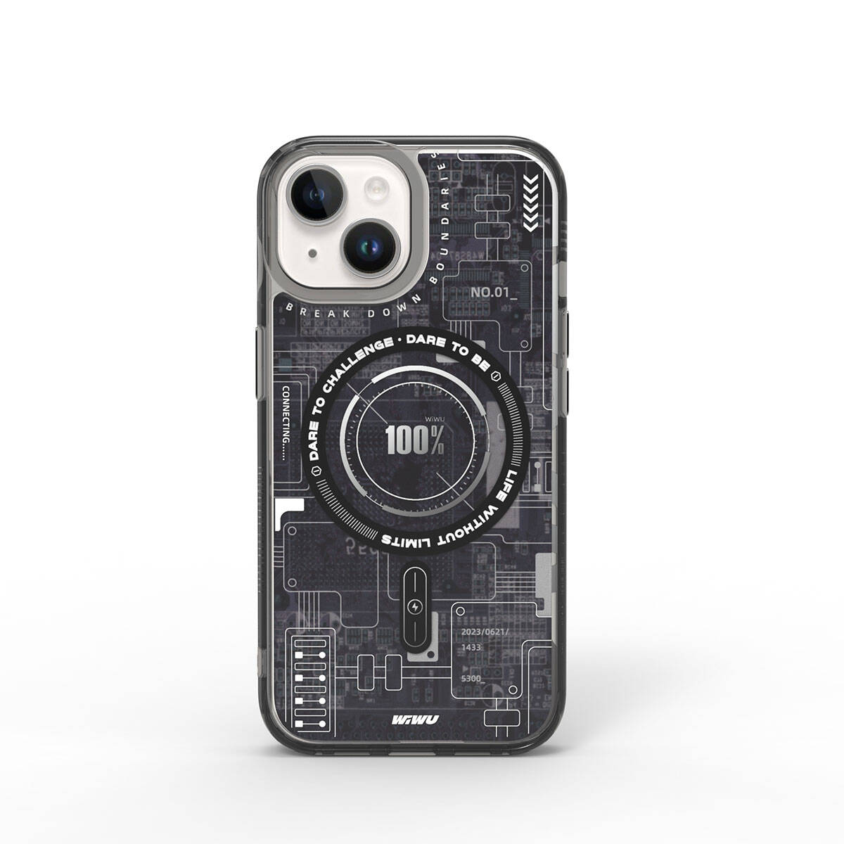 Apple iPhone 15 Kılıf M-safe Şarj Özellikli Desenli Wiwu Mecha Circuit H Serisi Kapak Gri