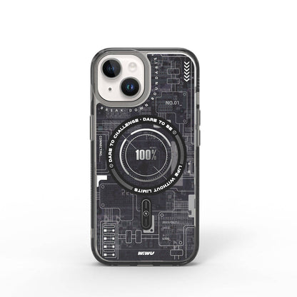 Apple iPhone 15 Kılıf M-safe Şarj Özellikli Desenli Wiwu Mecha Circuit H Serisi Kapak Gri