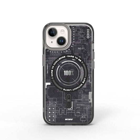 Apple iPhone 15 Kılıf M-safe Şarj Özellikli Desenli Wiwu Mecha Circuit H Serisi Kapak Gri