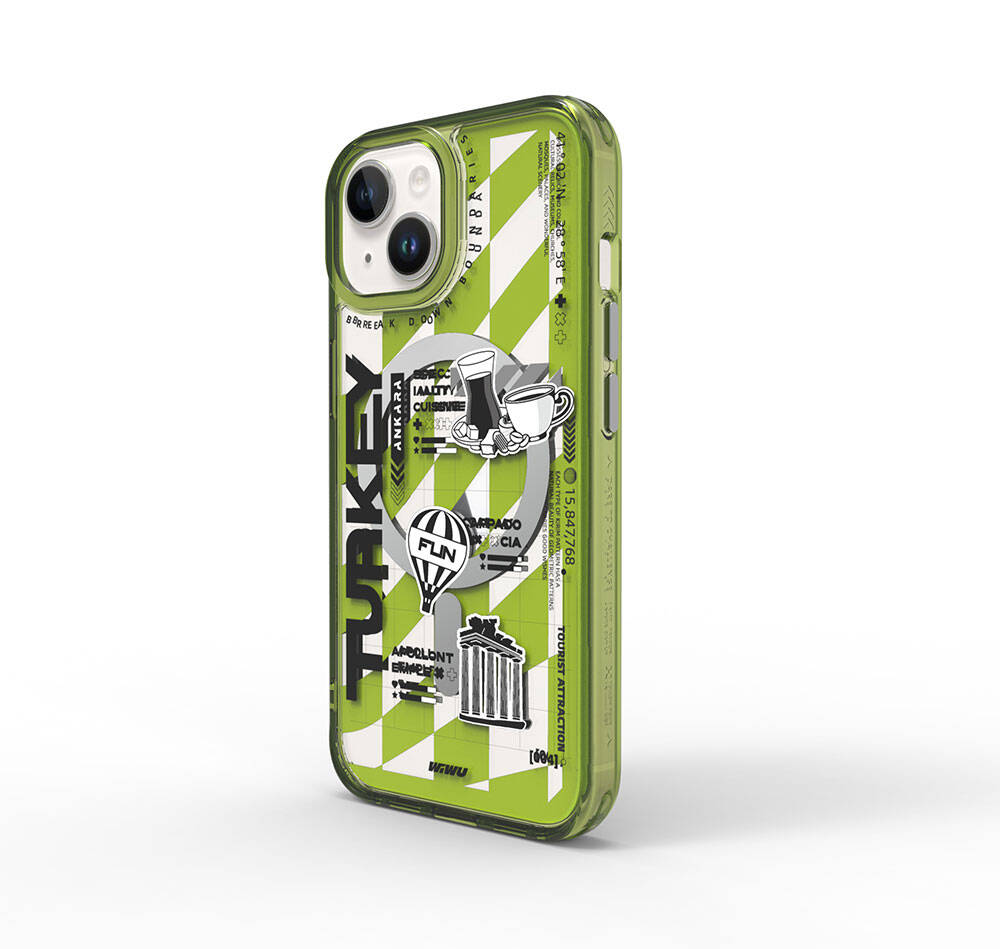 Apple iPhone 15 Kılıf M-safe Şarj Özellikli Desenli Wiwu Turkey A Serisi Kapak Yeşil