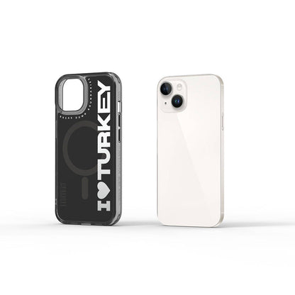 Apple iPhone 15 Kılıf M-safe Şarj Özellikli I Love Turkey Yazı Desenli Wiwu Turkey E Serisi Kapak Siyah